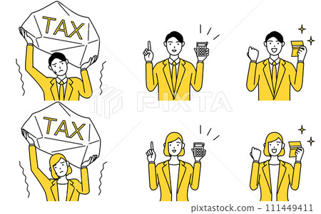 Simple line drawing illustration of a man and woman in suits, tax, accounting, and investment image set 111449411