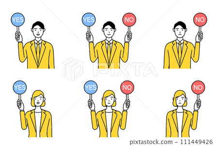 A set of simple line drawing illustrations of men and women in suits, exam answers, correct and incorrect answers A set of simple line drawing illustrations of men and women in suits, exam answers, correct and incorrect answers 111449426