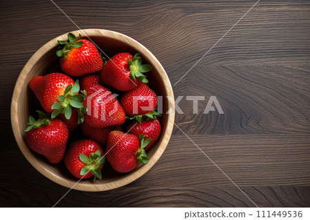 AI-generated content. Short food supply chains SFSCs. From garden to plate concept. A bowl of fresh strawberries on the wood table 111449536