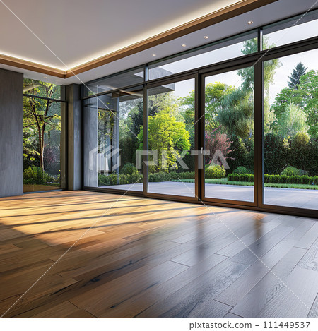 AI-generated content. Modern contemporary empty hall with nature view 3d render, with sunlight shine through a sliding door 111449537