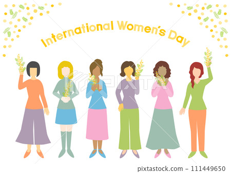 International women's day illustration with mimosa flowers and women International women's day illustration with mimosa flowers and women 111449650