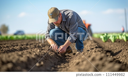 AI-generated content. An agronomist farmer is in the field monitoring crops. Generative AI 111449982