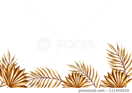 Watercolor banner with golden date palm branch, pampas grass illustration isolated on background. Botanical template, wedding and Ramadan Kareem or Eid Al Adha 2024 hand drawn decor. For designers, 111450039
