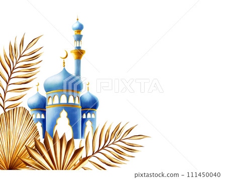 Watercolor Islamic frame with mosque and minaret with crescent moon and golden pampas grass, date palm branch illustration isolated on white background. Muslim hand drawn template Ramadan Kareem or Watercolor Islamic frame with mosque and minaret with crescent moon and golden pampas grass, date palm branch illustration isolated on white background. Muslim hand drawn template Ramadan Kareem or 111450040