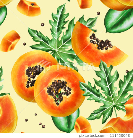 Marker seamless pattern with sweet ripe slice of papaya with grains, tropical leafs, ficus in watercolor style. Hand drawn realistic tasty organic illustration of exotic tropical fruit isolated on Marker seamless pattern with sweet ripe slice of papaya with grains, tropical leafs, ficus in watercolor style. Hand drawn realistic tasty organic illustration of exotic tropical fruit isolated on 111450048