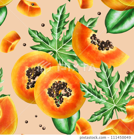 Marker seamless pattern with sweet ripe slice of papaya with grains, tropical leafs, ficus in watercolor style. Hand drawn realistic tasty organic illustration of exotic tropical fruit isolated on 111450049