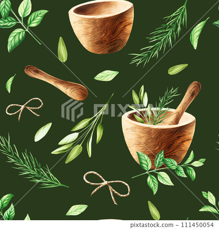 Watercolor seamless pattern with aromatic herbs and wooden mortar and pestle. Illustrations of fresh rosemary, mint, sage isolated on background. Detail of beauty products and botany set, cosmetology 111450054