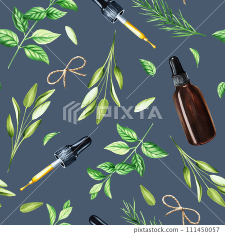 Watercolor seamless pattern with aromatic herbs with bottles of serum. Illustrations of fresh rosemary, mint, sage isolated on background. Detail of beauty products and botany set, cosmetology and 111450057