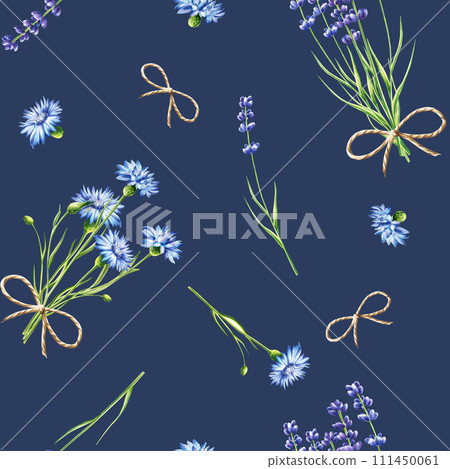 Watercolor bouquet of blue cornflowers flowers and lavender illustration isolated on background. Detail of beauty products and botany set, cosmetology and medicine. For designers, spa decoration, Watercolor bouquet of blue cornflowers flowers and lavender illustration isolated on background. Detail of beauty products and botany set, cosmetology and medicine. For designers, spa decoration, 111450061