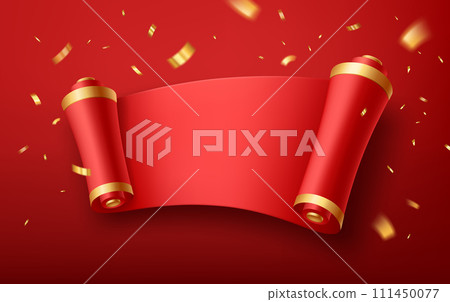 Red paper ancient scrolls design, Small pieces of gold ribbon flying, horizontal red background 111450077