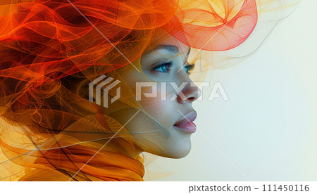 Abstract fashion portrait featuring a woman with a vibrant orange hat and flowing textures. 111450116