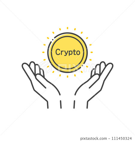 A simple illustration of a person's hand holding Crypto letters and coins - Cryptocurrency/token image 111450324
