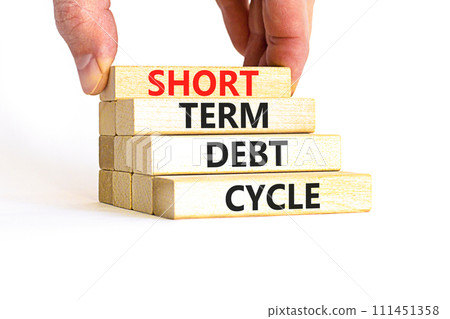 Short term debt cycle symbol. Concept words Short term debt cycle on beautiful wooden block. Beautiful white table background. Businessman hand. Business Short term debt cycle concept. Copy space. Short term debt cycle symbol. Concept words Short term debt cycle on beautiful wooden block. Beautiful white table background. Businessman hand. Business Short term debt cycle concept. Copy space. 111451358