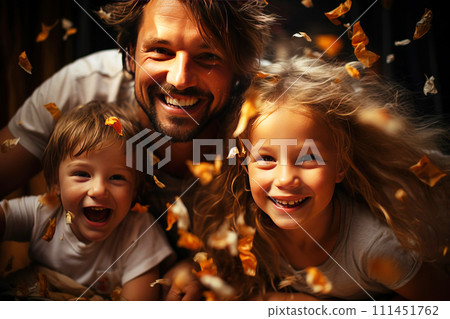 Friendly happy family, father mother, children having fun, laughing. 111451762