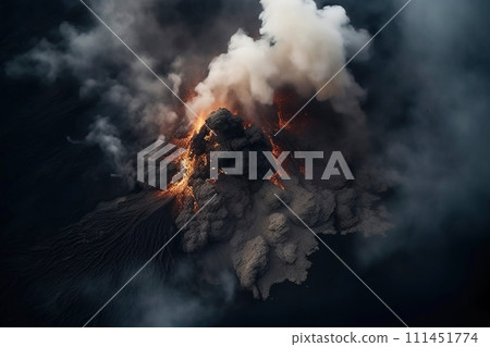 Volcano mountain eruption with smoke and fiery lava, top view. 111451774