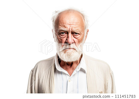 An elderly man grandfather shouts in angry anger, aggressively disappointed, white background isolate. . An elderly man grandfather shouts in angry anger, aggressively disappointed, white background isolate. . 111451783