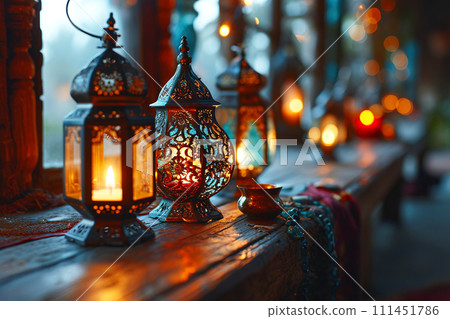 Festive lanterns with burning candles for Ramadan, Islamic Muslim religious event. Dark background with mosques. 111451786