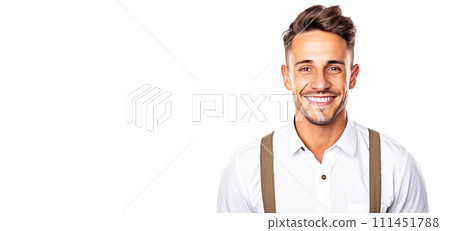 Close-up of a smiling man salesman in uniform, on a white background. 111451788