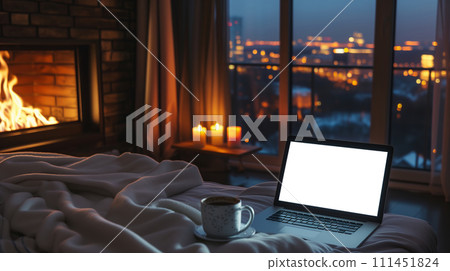 AI-generated content. Laptop Computer on Bed 111451824