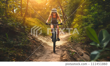 AI-generated content. Woman Riding Bike Down Dirt Road 111451860