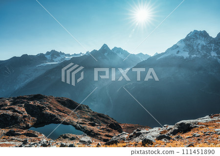 Landscape of Mont Blanc massif with Lac des Cheserys in autumn at France Landscape of Mont Blanc massif with Lac des Cheserys in autumn at France 111451890