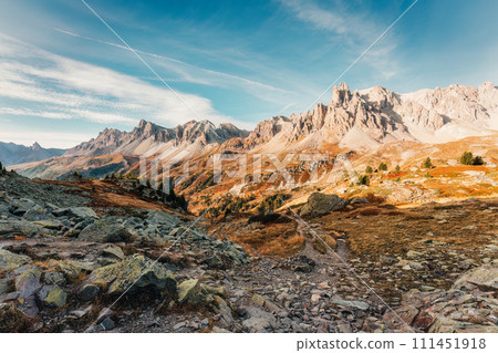 French Alps landscape of rocky Massif Des Cerces with Main De Crepin peak on wilderness in autumn at Hautes Alpes, France 111451918