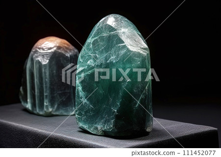 Beryl is a rare precious natural stone on a black background. AI generated. Header banner mockup with space. 111452077