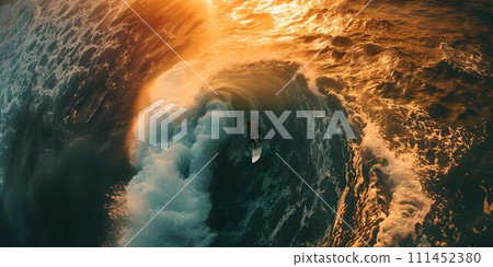 Dynamic ocean wave captured at sunset, surfer in action. majestic seascape, power of nature, extreme sport. AI 111452380