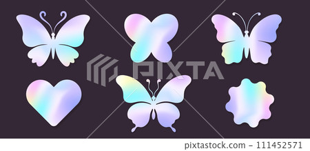 Holographic y2k future metal butterfly badge, stamp, trendy colored sticker set heart and abstract shapes. Silver foil tag collection 111452571