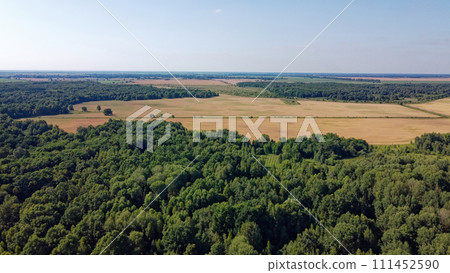 Green deciduous forest next to a farm field. Landscape from a bird's eye view. Sunny weather. 111452590