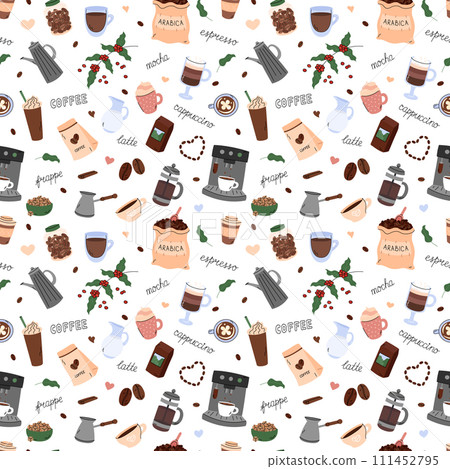 Coffee doodles seamless pattern vector. Cute background with coffee elements in simple hand drawn illustrated style. Different doodle beverages, preparing appliances. Cappuccino, espresso, frappe and Coffee doodles seamless pattern vector. Cute background with coffee elements in simple hand drawn illustrated style. Different doodle beverages, preparing appliances. Cappuccino, espresso, frappe and 111452795