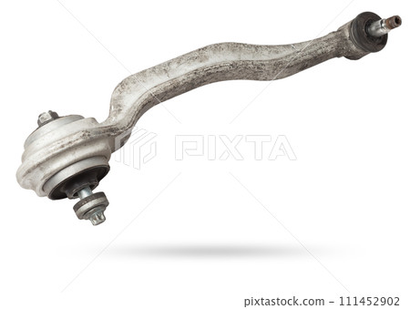 Curved metal chassis arm lever with ball and rubber-metal joint with bushings - silent block on a white isolated background. Detail for suspension repair in a workshop or garage. Curved metal chassis arm lever with ball and rubber-metal joint with bushings - silent block on a white isolated background. Detail for suspension repair in a workshop or garage. 111452902