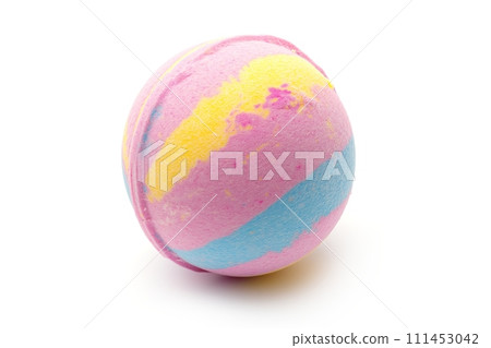 A single colorful bath bomb isolated on a white background 111453042
