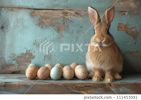 A Soft Whisper of Spring, Bunny Ears and Gentle Eyes Amidst Easter's Speckled Canvas, Eggs, Postcard 111453091
