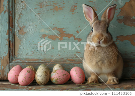 A Soft Whisper of Spring, Bunny Ears and Gentle Eyes Amidst Easter's Speckled Canvas, Eggs, Postcard 111453105