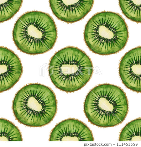Watercolor seamless pattern. Kiwi fruit, green kiwi circles drawn in watercolor by hand. Suitable for printing on fabric and paper, for kitchen decoration, design of dishes and towels, tablecloths. Watercolor seamless pattern. Kiwi fruit, green kiwi circles drawn in watercolor by hand. Suitable for printing on fabric and paper, for kitchen decoration, design of dishes and towels, tablecloths. 111453559