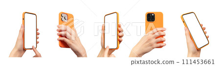 Berlin Germany January 21 2024 Hands holding Iphone, screens mockups, photo with camera isolated Berlin Germany January 21 2024 Hands holding Iphone, screens mockups, photo with camera isolated 111453661