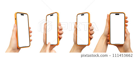 Berlin Germany January 21 2024 Hands holding Iphone, smartphone screens mockups isolated on white Berlin Germany January 21 2024 Hands holding Iphone, smartphone screens mockups isolated on white 111453662
