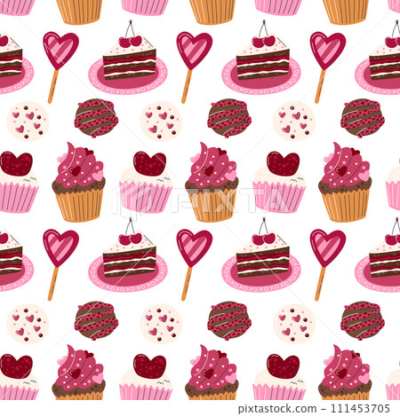 Vector flat sweet pastry elements seamless pattern Vector flat sweet pastry elements seamless pattern 111453705