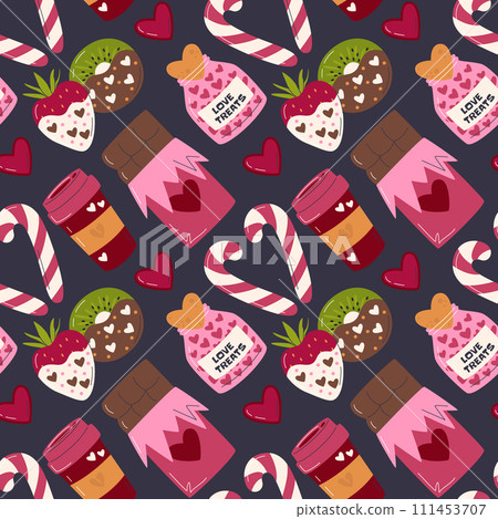 Seamless pattern with candy canes,chocolate, fruit Seamless pattern with candy canes,chocolate, fruit 111453707