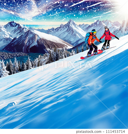 人們在滑雪勝地滑雪的插圖 人們在滑雪勝地滑雪的插圖 111453714