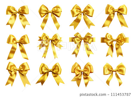 Yellow ribbon and bow with gold vector set isolated on white background 111453787