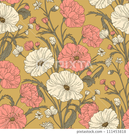 Pattern with flowers on a yellow background Pattern with flowers on a yellow background 111453818