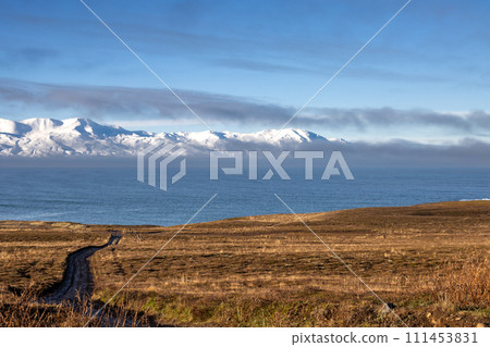 Autumn landscape with a snow mountains, North Iceland 111453831