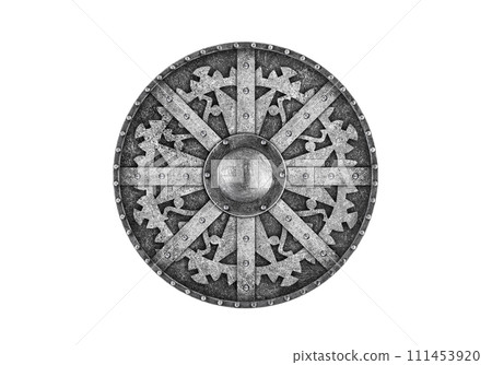Old decorated metal round shield isolated on white background Old decorated metal round shield isolated on white background 111453920