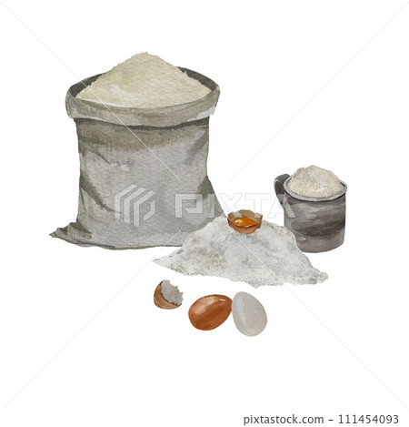Sack mound flour egg cup watercolor illustration Sack mound flour egg cup watercolor illustration 111454093