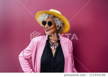 Happy modern fashion woman of old senior age, sunglasses, trendy stylish apparel, hat 111454146