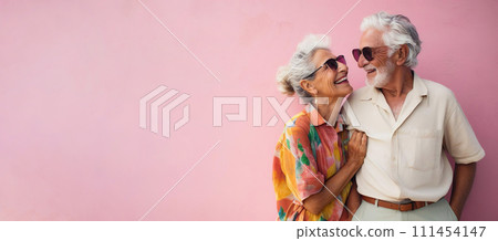 Happy modern senior couple in romantic relationship. Banner background with modern elderly partners 111454147