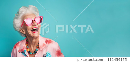 Happy old senior woman. Joyful elderly lady in bright pink clothes, banner background 111454155