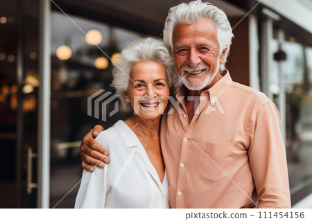 Happy senior couple, married man and woman. Smiling 50s partners portrait, hugging. Old valentines 111454156